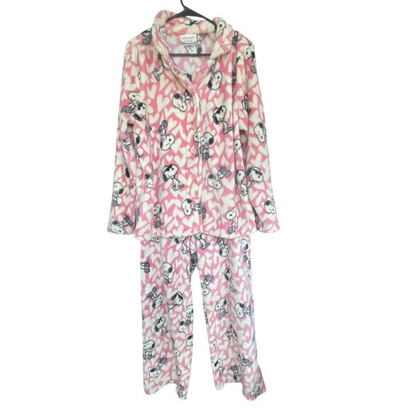 Munki Munki Peanuts Pajama Set Womens XL Snoopy Hearts Fleece Sleepwear Cute - Picture 1 of 12